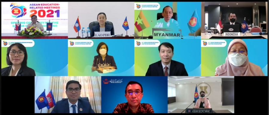 Video call grid showing participants of the ASEAN Education-Related Meetings 2021.